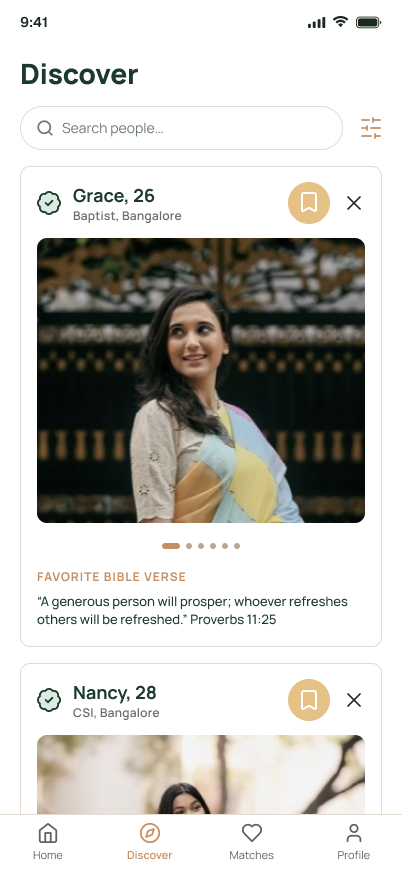 Ezer Discover tab: a verified member's card with her denomination, city and favourite Bible verse