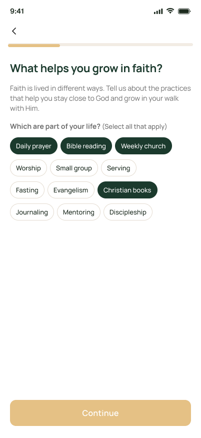 Ezer profile setup: choosing the faith practices that are part of your life, such as daily prayer and weekly church