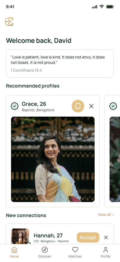 Ezer home screen: a welcome message, a Bible verse, recommended verified profiles and new connection requests