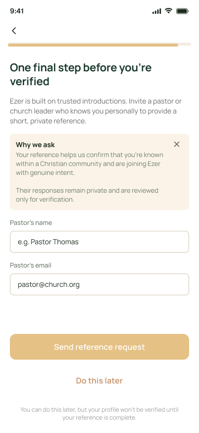 Ezer profile setup: entering your pastor's name and email to send a reference request